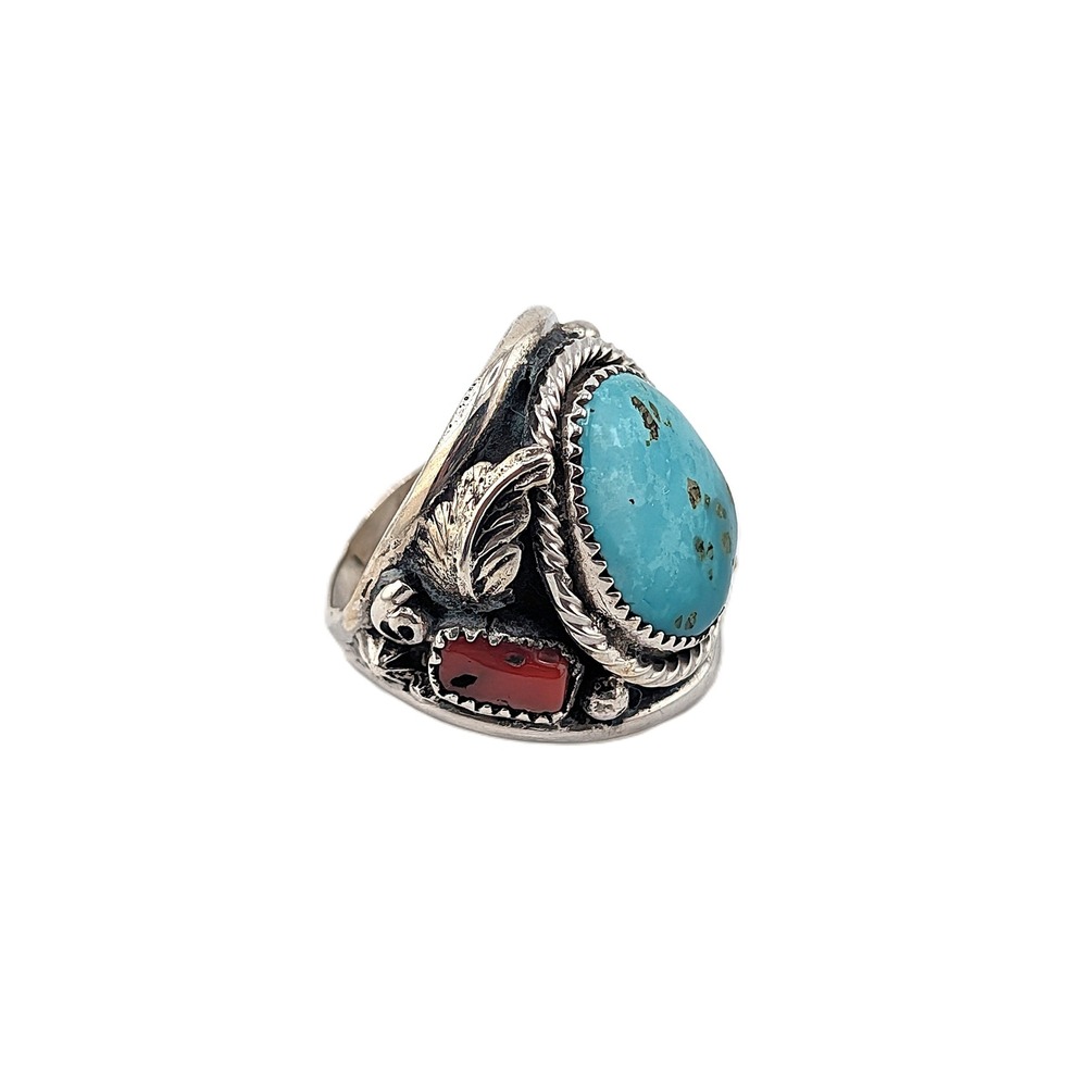 Navajo Men's Ring Sterling Turquoise Coral Signed by Kree Blanchard size 10.75**